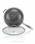 A stainless steel sauté pan with a matching glass lid featuring a metal handle, Honeycomb Stainless Steel Wok, 5.7 Quart Karahi Pan with Lid, Luxury Stainless Steel Chef Pan, Designer 12.5 Inch Stir Fry Pan USA, Non Stick Stainless Steel Wok, High End Gourmet Serving Pan, Professional Grade Hybrid Cookware, Induction Compatible Karahi Wok, Estate Kitchenware Gourmet Pans, Large Capacity Stainless Steel Wok