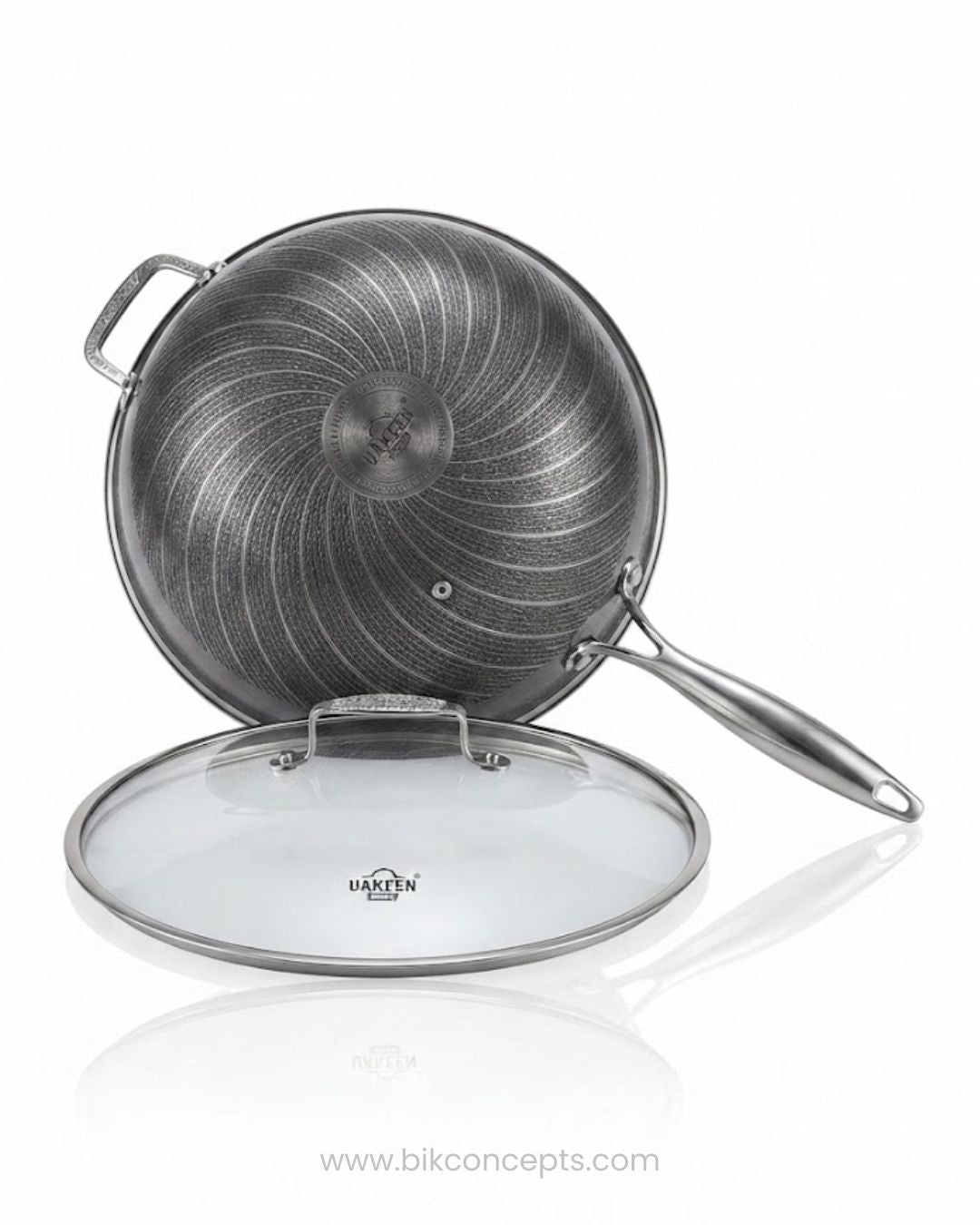 A stainless steel sauté pan with a matching glass lid featuring a metal handle, Honeycomb Stainless Steel Wok, 5.7 Quart Karahi Pan with Lid, Luxury Stainless Steel Chef Pan, Designer 12.5 Inch Stir Fry Pan USA, Non Stick Stainless Steel Wok, High End Gourmet Serving Pan, Professional Grade Hybrid Cookware, Induction Compatible Karahi Wok, Estate Kitchenware Gourmet Pans, Large Capacity Stainless Steel Wok