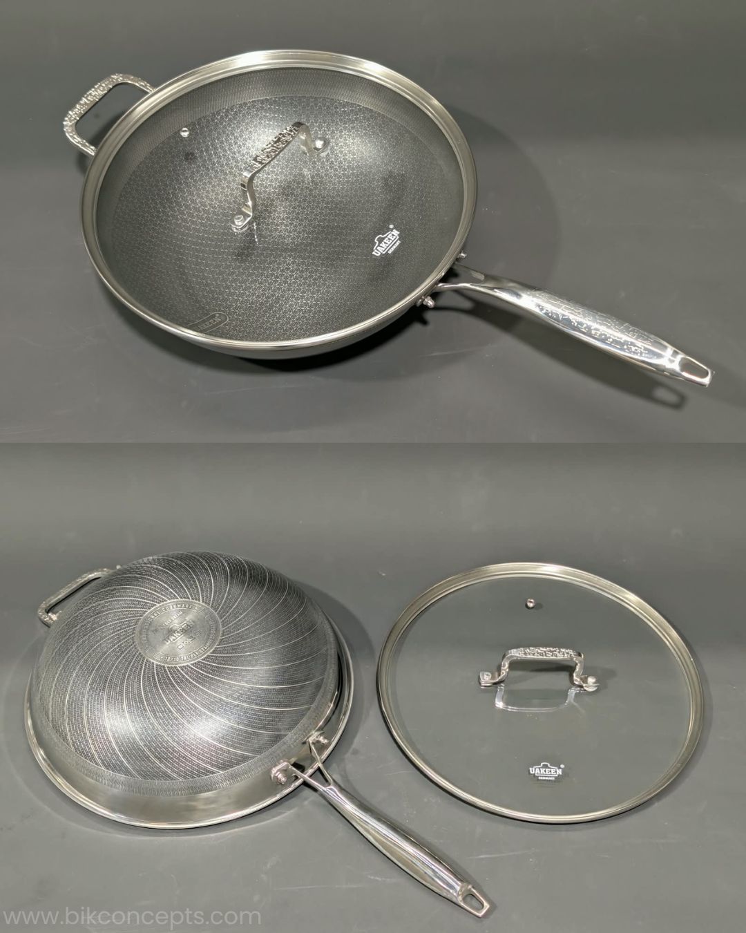 A stainless steel sauté pan with a matching glass lid featuring a metal handle, Honeycomb Stainless Steel Wok, 5.7 Quart Karahi Pan with Lid, Luxury Stainless Steel Chef Pan, Designer 12.5 Inch Stir Fry Pan USA, Non Stick Stainless Steel Wok, High End Gourmet Serving Pan, Professional Grade Hybrid Cookware, Induction Compatible Karahi Wok, Estate Kitchenware Gourmet Pans, Large Capacity Stainless Steel Wok