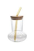 ribbed glass tumbler with bamboo lid and straw, fluted iced coffee glass with wooden top, clear glass soda can jar with straw, vertical ribbed glassware set with bamboo lid, transparent glass cup with eco-friendly bamboo lid, reusable glass smoothie cup with straw