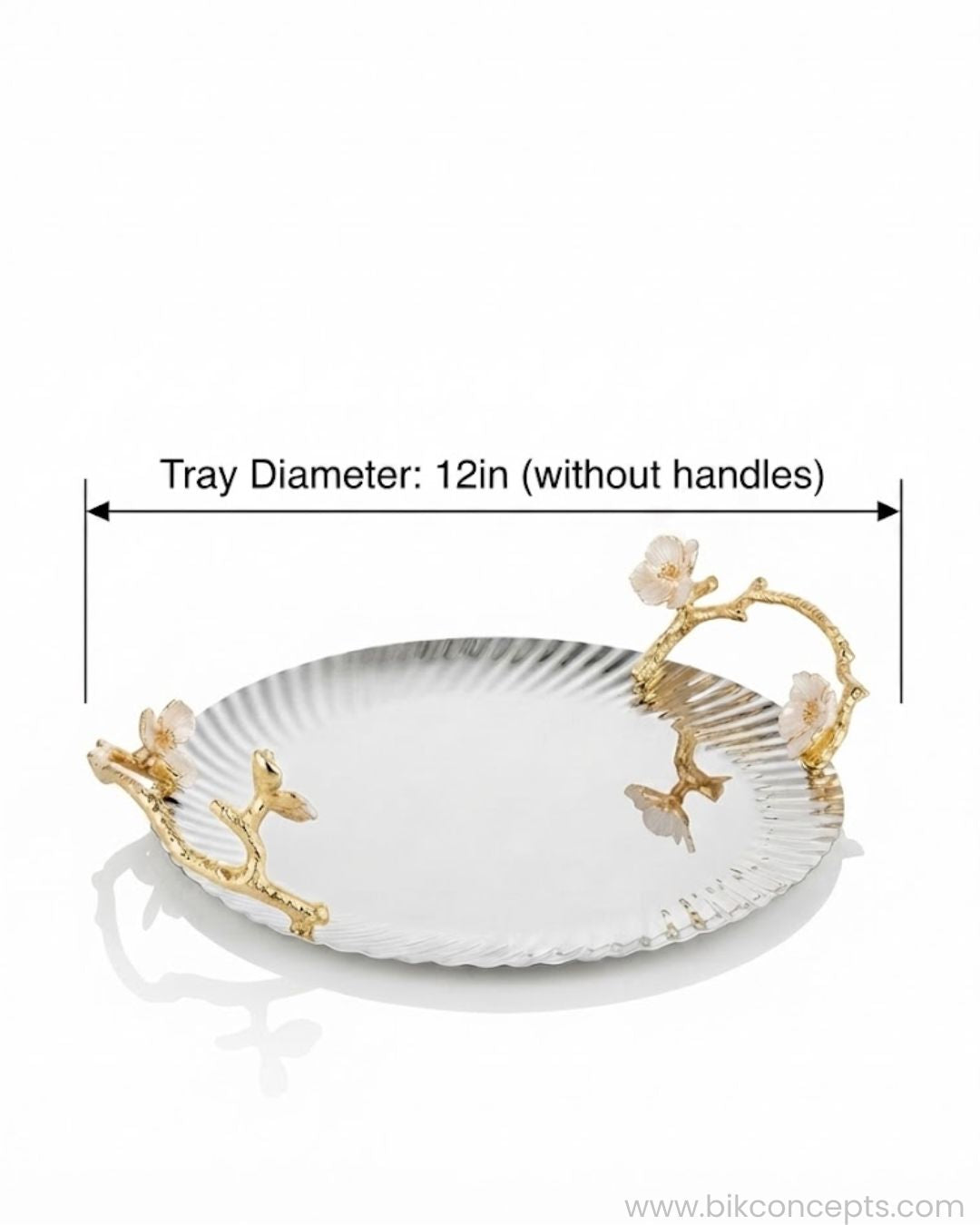 12 Inch Stainless Steel Serving Tray, Luxury Jasmine Tray with Handles, High End Botanical Platter, Metal Serving Platter for Catering, Fluted Silver Cocktail Tray, Premium Catering Food Presentation USA, Designer Vanity Display Dish, Gold and Silver White Flower Tray, Luxury Wedding Cateringware, Decorative Round Metal Platter
