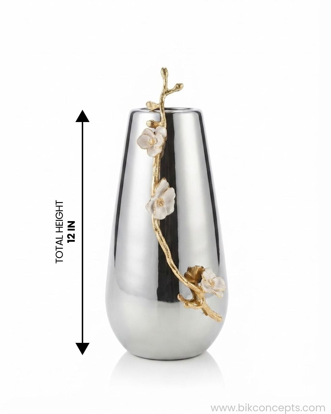 A silver metallic vase with a gold branch and white flower design, shown on a white background with a height measurement arrow indicating 12 inches.