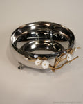 9 Inch Stainless Steel Footed Bowl, Luxury Jasmine Centerpiece Bowl, High End Floral Decor Bowl for Home, Botanical Metal Server for Catering, Silver Footed Serving Basin, Premium Catering Food Presentation USA, Designer Tabletop Centerpiece Vessel, Gold and Silver White Flower Bowl, Luxury Wedding Tableware, Decorative Metal Bowl for Console