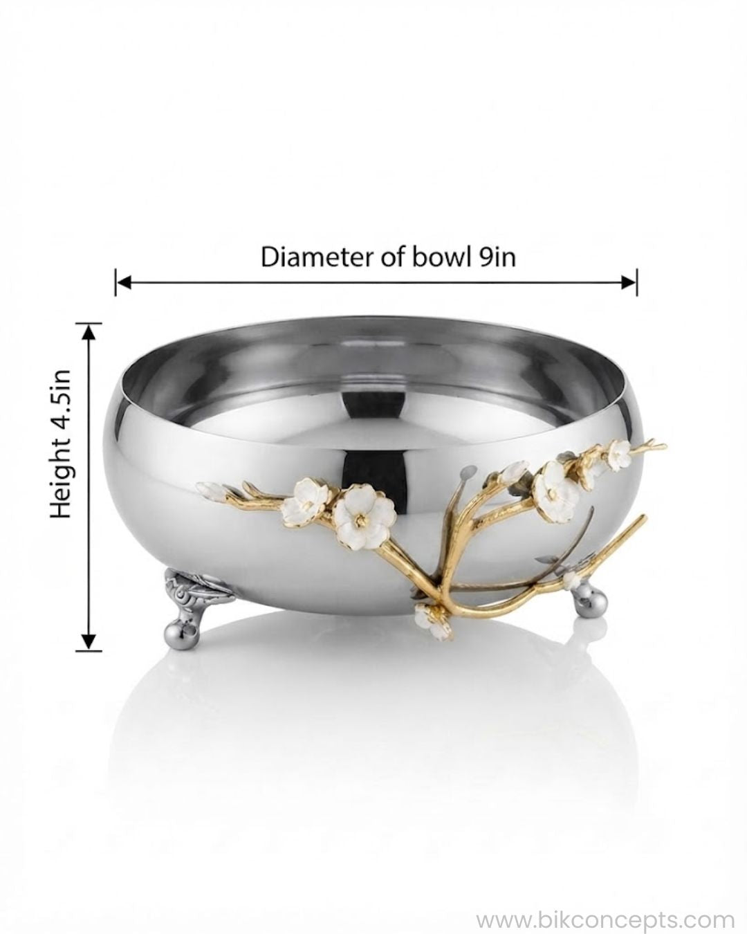 A polished silver bowl with gold-toned branch details and white flower accents, shown on a white background with dimension lines indicating a diameter of 9 in and a height of 4.5 in, 9 Inch Stainless Steel Footed Bowl, Luxury Jasmine Centerpiece Bowl, High End Floral Decor Bowl for Home, Botanical Metal Server for Catering, Silver Footed Serving Basin, Premium Catering Food Presentation USA, Designer Tabletop Centerpiece Vessel, Gold and Silver White Flower Bowl, Luxury Wedding Tableware