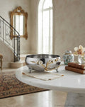 9 Inch Stainless Steel Footed Bowl, Luxury Jasmine Centerpiece Bowl, High End Floral Decor Bowl for Home, Botanical Metal Server for Catering, Silver Footed Serving Basin, Premium Catering Food Presentation USA, Designer Tabletop Centerpiece Vessel, Gold and Silver White Flower Bowl, Luxury Wedding Tableware, Decorative Metal Bowl for Console