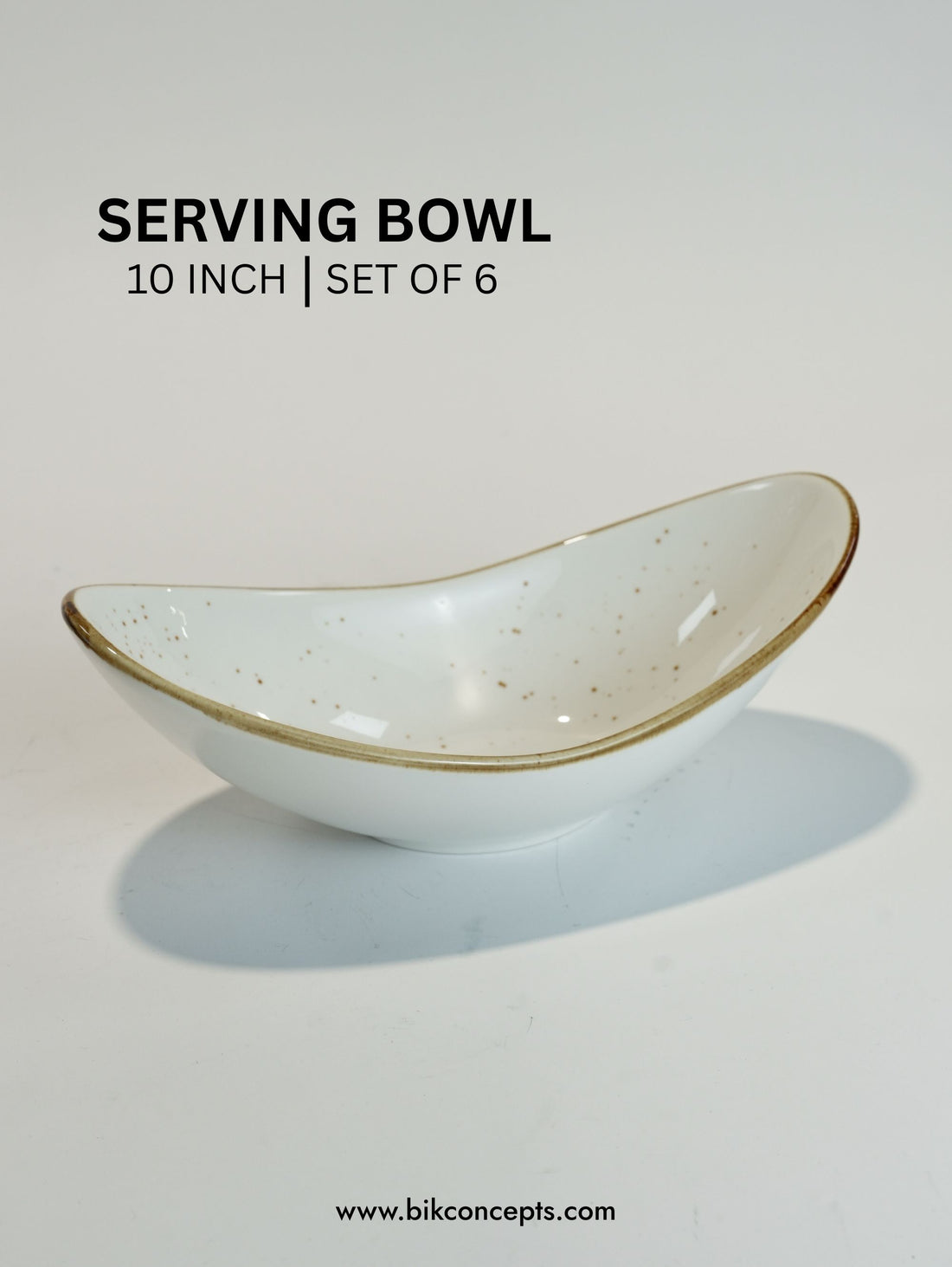 Large 10 Inch Boat Shaped Speckled Serving Bowl Set of 4, Oval Ceramic Salad and Pasta Bowls, Speckled White Stoneware Serving Dishes with Brown Rim, Dishwasher and Microwave Safe Deep Bowls, Commercial Grade Buffet Catering Bowls, BIK Concepts Large Appetizer Display Bowls