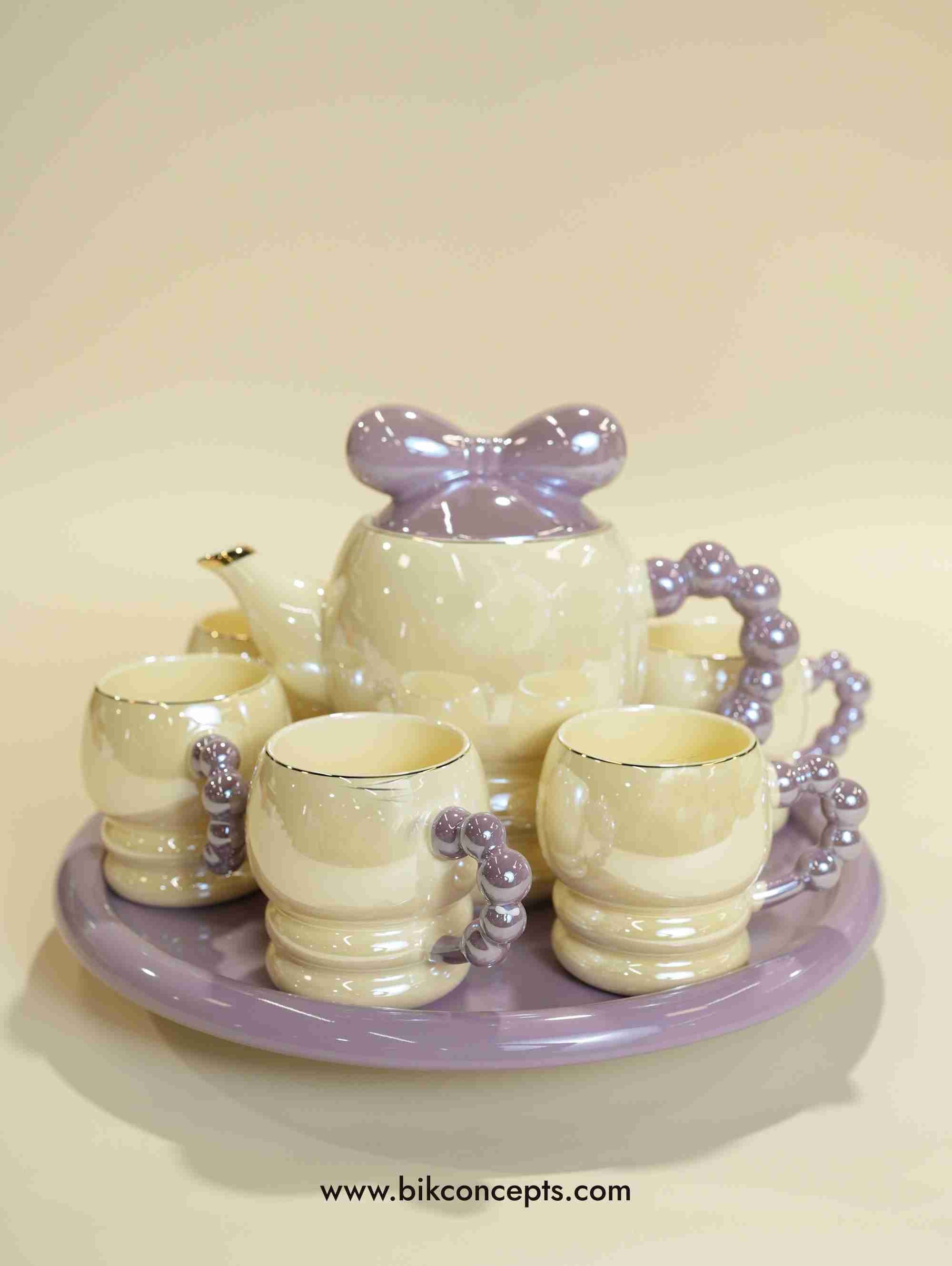 Lavender Porcelain Tea Set - Bow Kettle & Pearl Handle 8-Piece Set