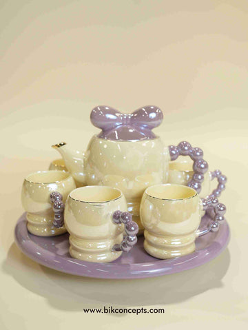 Lavender porcelain tea set, pearl handle teapot, ruby bow tea set, 8 piece luxury tea service, coquette aesthetic kitchen, purple tea set with tray, 1.5L porcelain kettle, unique tea gift set.