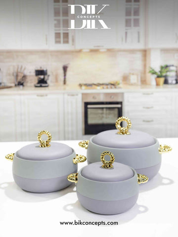 Lavender food warmer, grey hot pot set, insulated serving bowls, modern casserole set, stainless steel thermal server, purple kitchen decor.