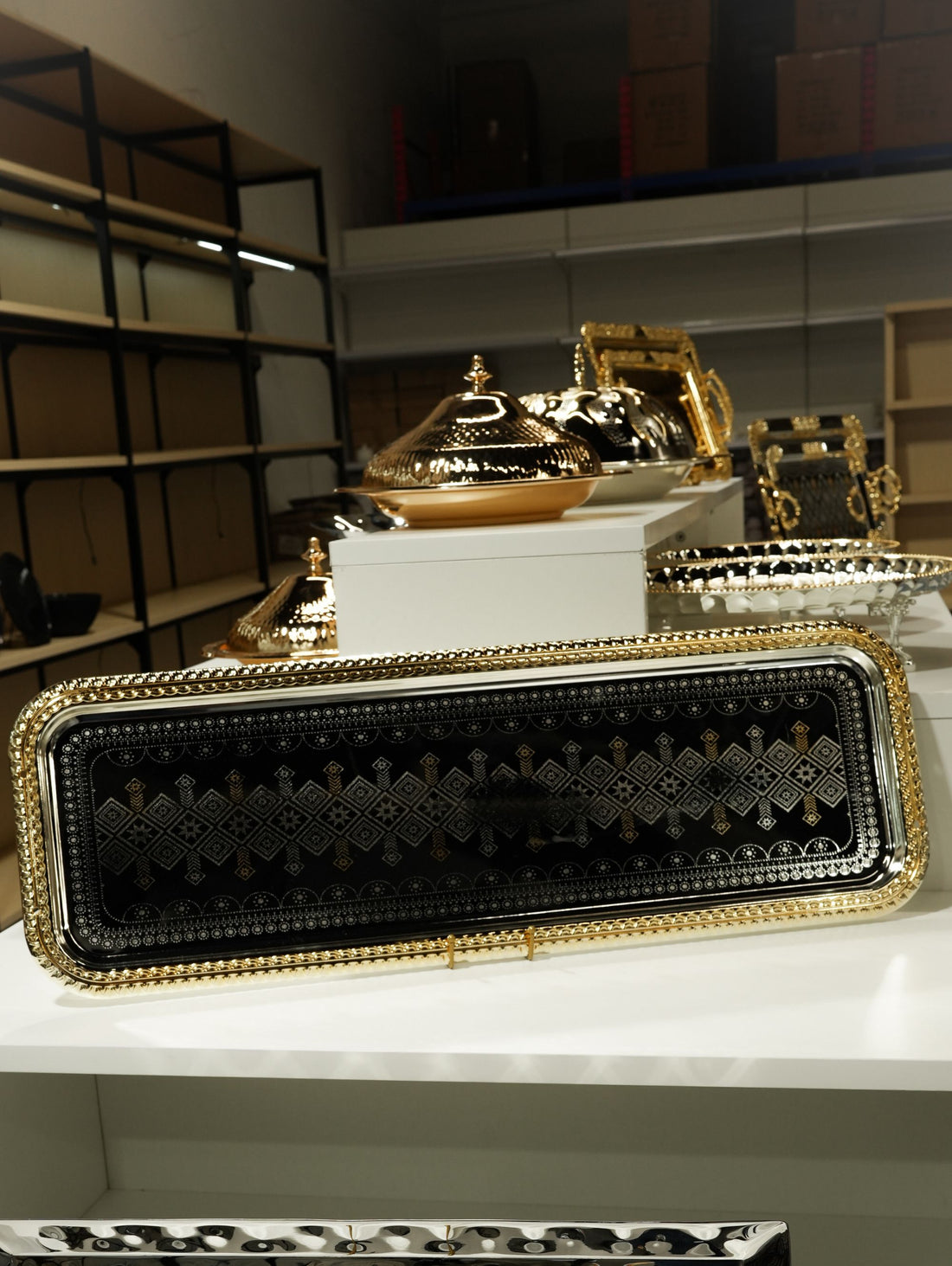 Cosmopolitan Geometric Long Serving Tray | Luxury Gold & Silver Tone Console Platter