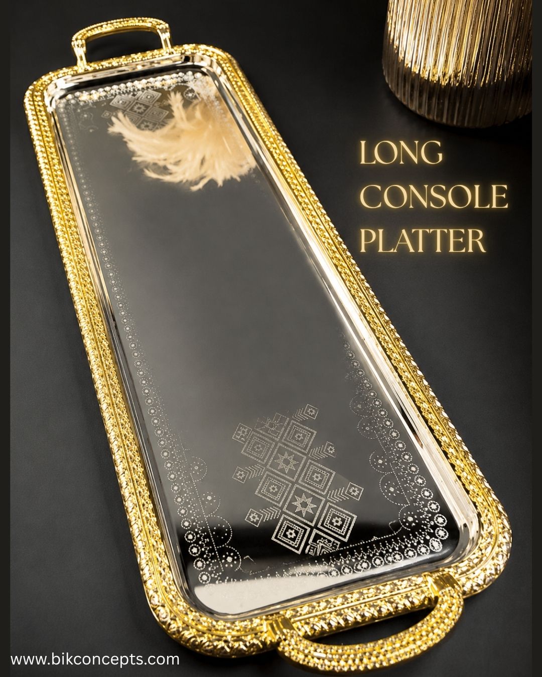 Stainless steel console platter, long luxury serving tray, extra large buffet platter, silver and gold serving tray, 34 inch catering platter, decorative rectangular centerpiece tray, high-end charcuterie board