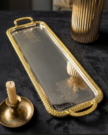 Stainless steel console platter, long luxury serving tray, extra large buffet platter, silver and gold serving tray, 34 inch catering platter, decorative rectangular centerpiece tray, high-end charcuterie board