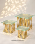 Luxury Gold Buffet Risers Set, Gold Metal Food Display Stand with Glass Top, Tiered Catering Risers 3 Piece Set, Hotel Banquet Buffet Risers, Modern Gold Platter Pedestal Stand, Decorative Dessert Table Risers, Commercial Catering Display Equipment, Square Metal Buffet Riser Small Medium Large