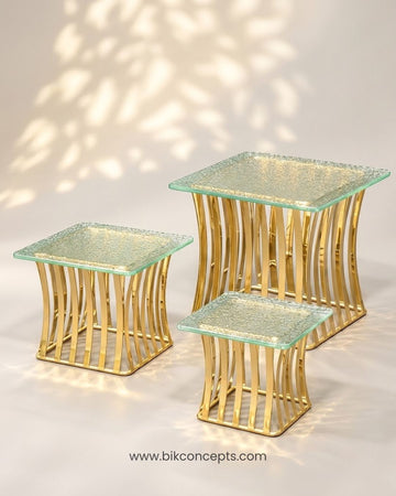 Luxury Gold Buffet Risers Set, Gold Metal Food Display Stand with Glass Top, Tiered Catering Risers 3 Piece Set, Hotel Banquet Buffet Risers, Modern Gold Platter Pedestal Stand, Decorative Dessert Table Risers, Commercial Catering Display Equipment, Square Metal Buffet Riser Small Medium Large