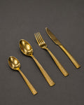 hammered gold cutlery, luxury gold flatware set, heavyweight stainless steel cutlery, gold dinner knife, gold table fork, gold table spoon, gold teaspoon, textured gold silverware, premium gold flatware, hammered stainless steel cutlery