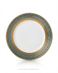 A round white plate with an ornate gold and teal patterned rim, Luxury Porcelain Dinner Plate, Luxury Porcelain Dinner Plate Set of 6, Hotel Commercial Porcelain Tableware Bulk, Gold Rimmed Dessert Plate 8 Inch Set, Green and Gold Catering Plates Pack, Fine Dining Porcelain Dinnerware Set, 10.5 Inch Commercial Dinner Plate 6 Pack, Special Event Catering Plates Set, Luxury Wedding Banquet Dinnerware Bulk, High-End Hotel Serving Plates, 6 Piece Porcelain Charger Plate Set