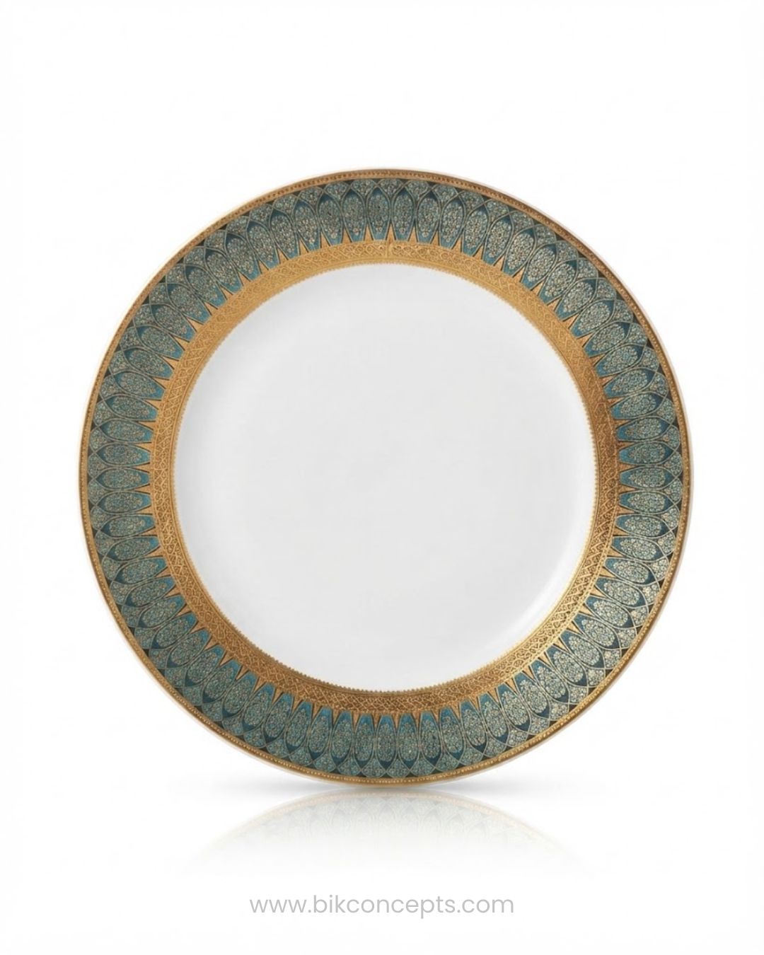 A round white plate with an ornate gold and teal patterned rim, Luxury Porcelain Dinner Plate, Luxury Porcelain Dinner Plate Set of 6, Hotel Commercial Porcelain Tableware Bulk, Gold Rimmed Dessert Plate 8 Inch Set, Green and Gold Catering Plates Pack, Fine Dining Porcelain Dinnerware Set, 10.5 Inch Commercial Dinner Plate 6 Pack, Special Event Catering Plates Set, Luxury Wedding Banquet Dinnerware Bulk, High-End Hotel Serving Plates, 6 Piece Porcelain Charger Plate Set