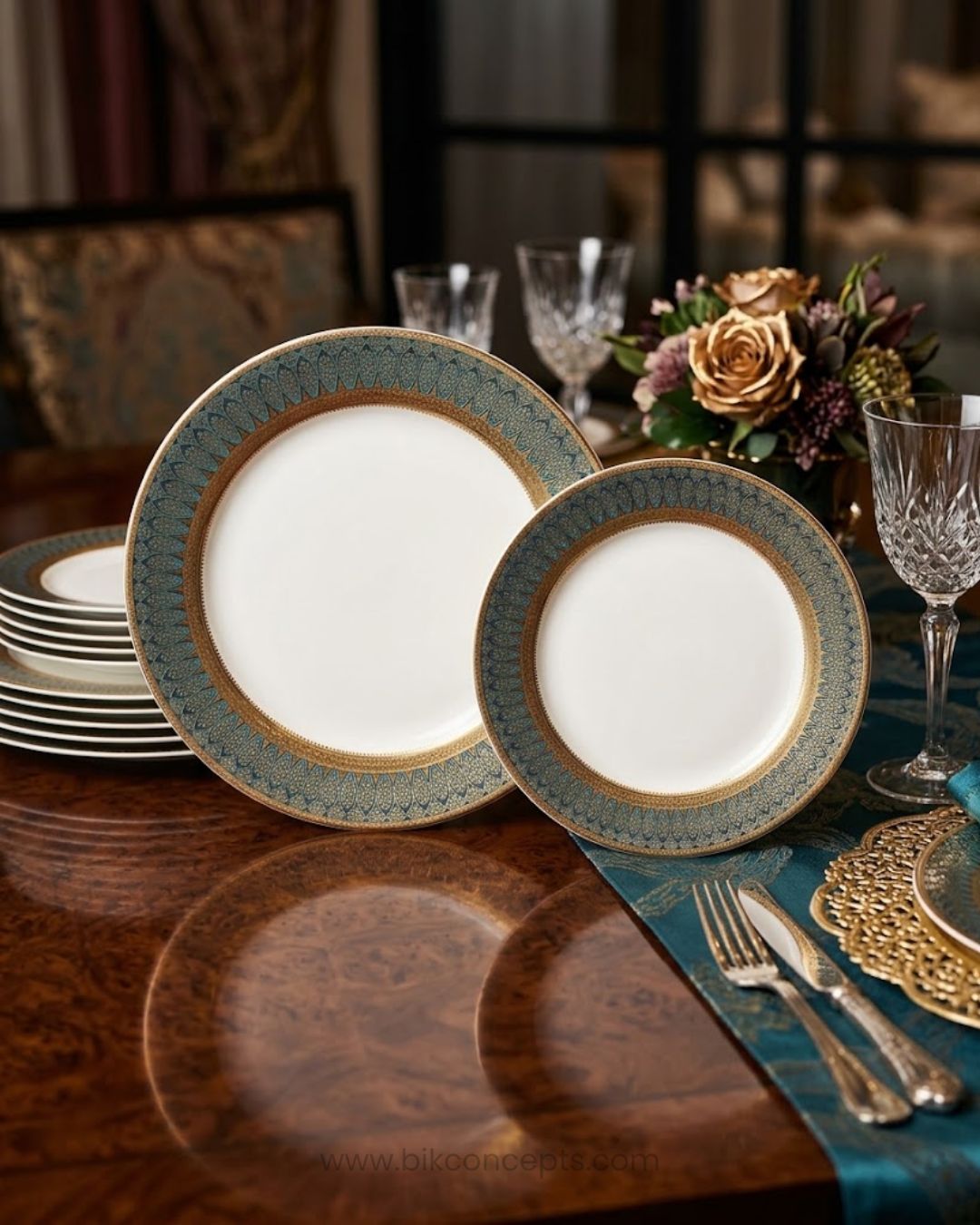 A set of elegant dinner plates with a white center and a blue-green border patterned with gold, styled on a dark wooden dining table with cutlery, glasses, and a floral centerpiece, Luxury Porcelain Dinner Plate Set of 6, Hotel Commercial Porcelain Tableware Bulk, Gold Rimmed Dessert Plate 8 Inch Set, Green and Gold Catering Plates Pack, Fine Dining Porcelain Dinnerware Set, 10.5 Inch Commercial Dinner Plate 6 Pack, Special Event Catering Plates Set, Luxury Wedding Banquet Dinnerware Bulk,