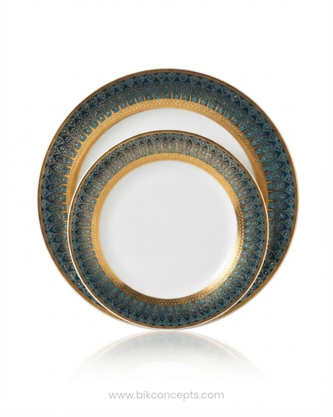 A round white plate with an ornate gold and teal patterned rim, Luxury Porcelain Dinner Plate, Luxury Porcelain Dinner Plate Set of 6, Hotel Commercial Porcelain Tableware Bulk, Gold Rimmed Dessert Plate 8 Inch Set, Green and Gold Catering Plates Pack, Fine Dining Porcelain Dinnerware Set, 10.5 Inch Commercial Dinner Plate 6 Pack, Special Event Catering Plates Set, Luxury Wedding Banquet Dinnerware Bulk, High-End Hotel Serving Plates, 6 Piece Porcelain Charger Plate Set