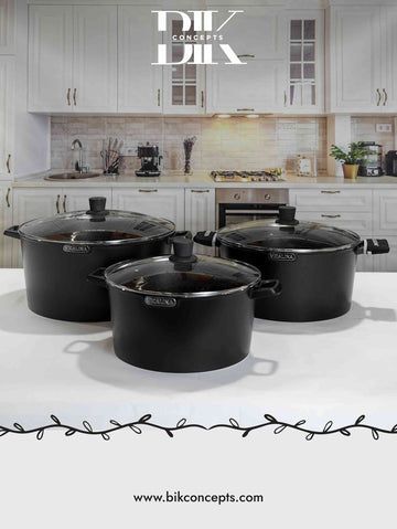 Matte black casserole set, large aluminum stock pots, 27L cooking pot, heavy duty black cookware, professional catering pots, 6 piece food warmer set, modern black kitchenware, high capacity casserole pots.
