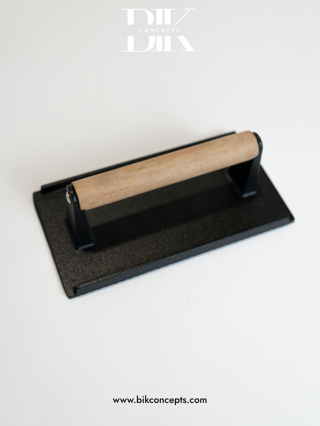 Cast iron meat press, bacon press, smash burger press, steak weight, grill press with wood handle.