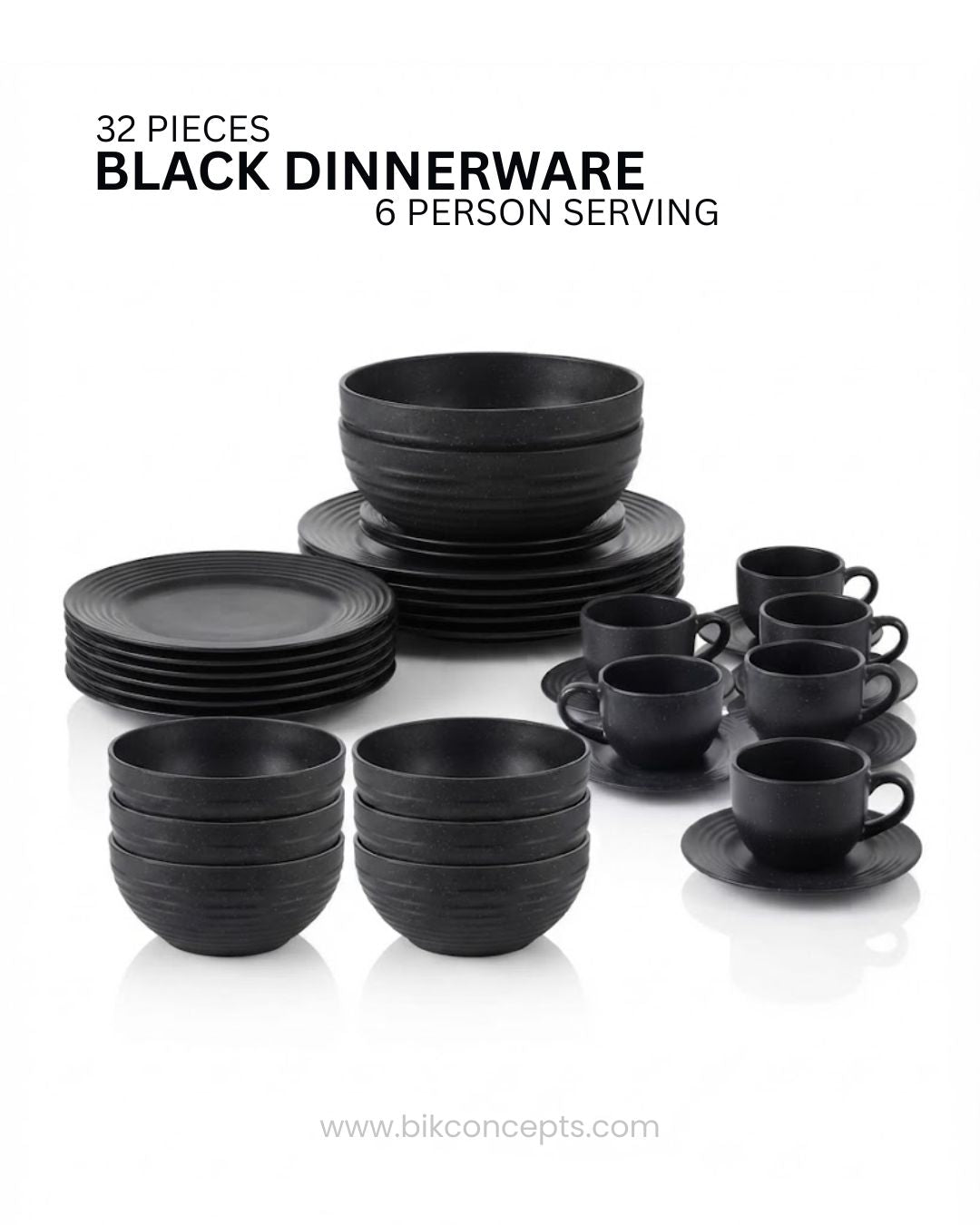Midnight Black Porcelain Dinnerware Bundle, Black Dinner Plate Set for 6 Persons, Matte Black Porcelain Dishware Collection, Curated Black Ceramic Table Setting Set, Modern Dark Aesthetic Dinnerware Bundle, 32 Piece Black Porcelain Dining Service, Black Soup Bowls and Cups with Saucers, Black Porcelain Serving Dishes Set