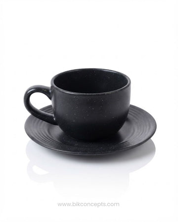 Midnight Black Porcelain Cup and Saucer Set of 12, 7.4 oz Black Cappuccino Cups with Saucers, Matte Black Coffee Mug Set 6 Inch Saucer, Commercial Cafe Porcelain Drinkware, Hotel Lounge Tea Cup and Saucer Set, Catering Service Black Coffee Cups Bulk, Speckled Black Ceramic Latte Cups, Modern Porcelain Espresso Cup and Saucer