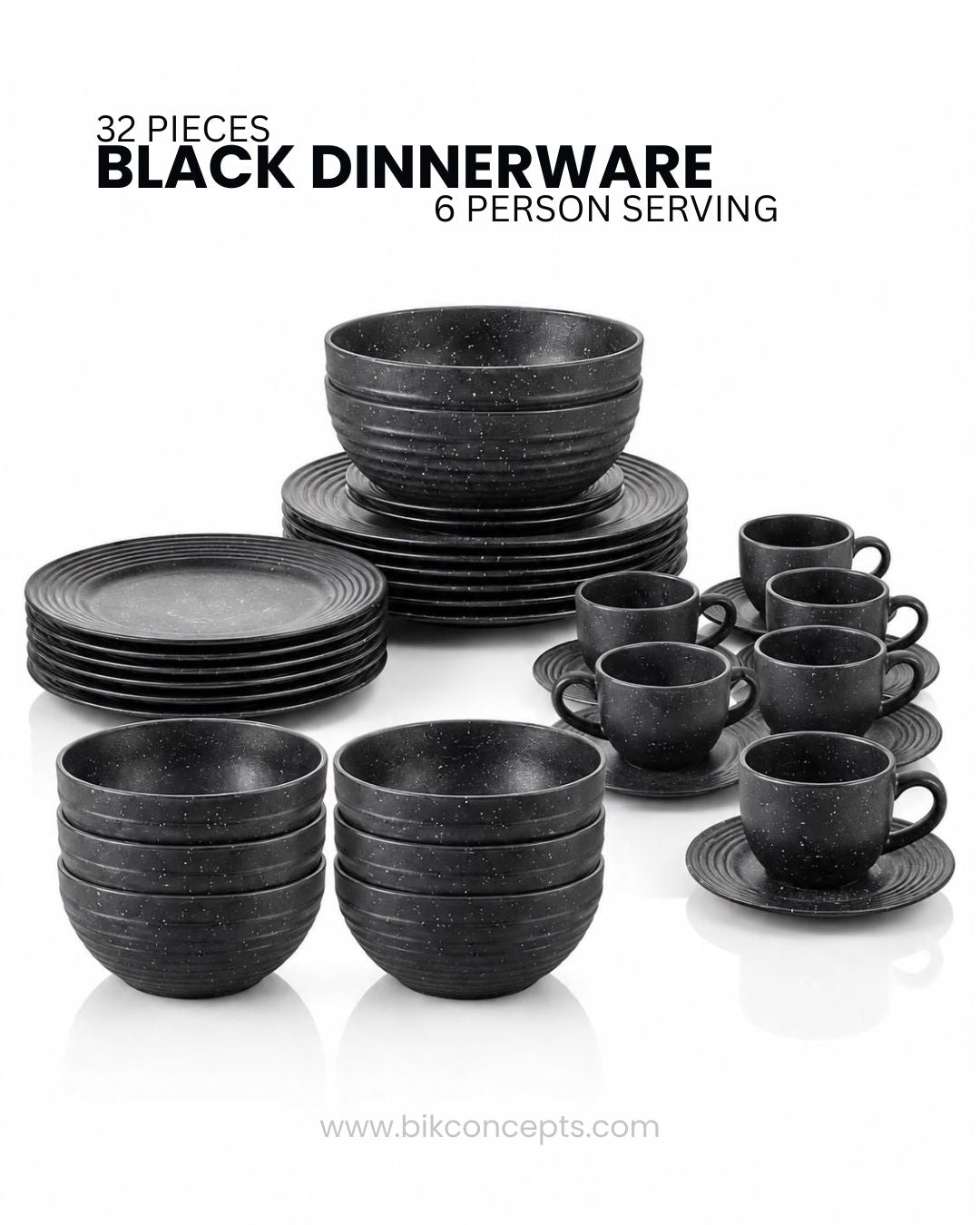 Midnight Black Porcelain Dinnerware Bundle, Black Dinner Plate Set for 6 Persons, Matte Black Porcelain Dishware Collection, Curated Black Ceramic Table Setting Set, Modern Dark Aesthetic Dinnerware Bundle, 32 Piece Black Porcelain Dining Service, Black Soup Bowls and Cups with Saucers, Black Porcelain Serving Dishes Set