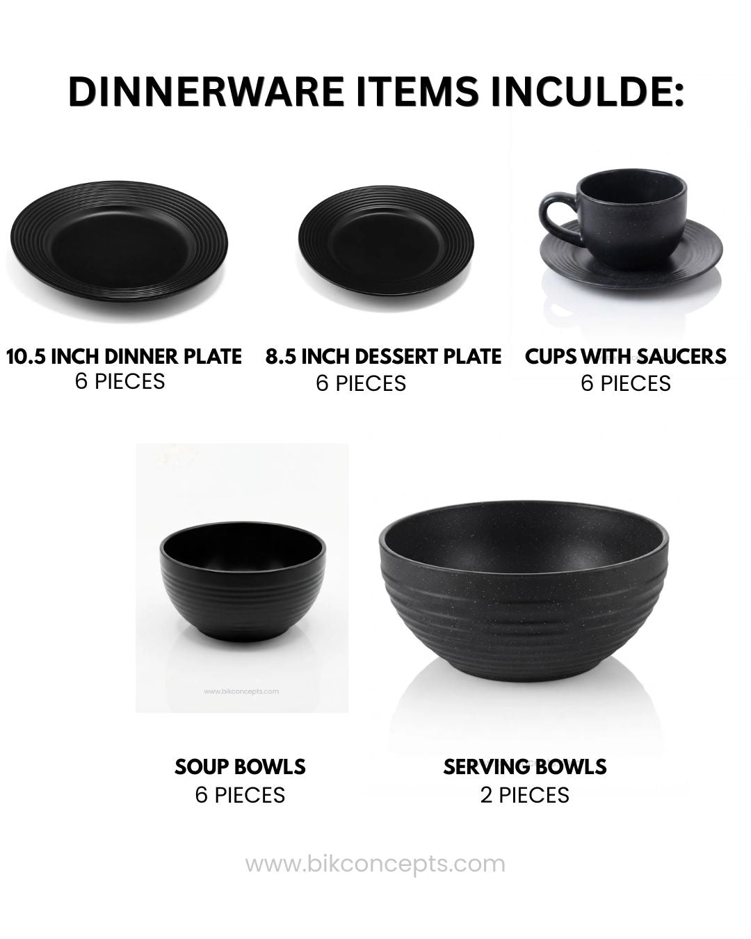 Midnight Black Porcelain Dinnerware Bundle, Black Dinner Plate Set for 6 Persons, Matte Black Porcelain Dishware Collection, Curated Black Ceramic Table Setting Set, Modern Dark Aesthetic Dinnerware Bundle, 32 Piece Black Porcelain Dining Service, Black Soup Bowls and Cups with Saucers, Black Porcelain Serving Dishes Set