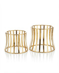 Gold Curved Round Buffet Riser, Metal Flared Food Display Stand with Glass Top, Luxury Round Buffet Riser for Hotel Catering, Gold Vertical Wire Display Pedestal, High End Event Dessert Stand, Decorative Hourglass Food Riser, Round Gold Buffet Stand Medium Large, Modern Wedding Catering Elevation Stand, Gold Metal Wire Cylinder Display Riser, Luxury Tabletop Buffet Risers