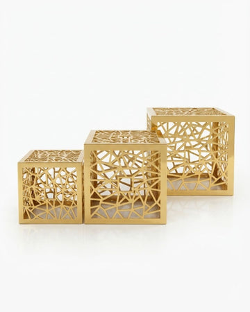 Modern Gold Geometric Cube Buffet Riser with Glass Top - Decorative Metal Food & Dessert Display Stand (Small, Medium, Large)