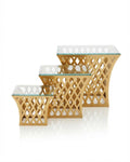 Gold Tapered Lattice Buffet Riser, Metal Food Display Stand with Glass Top, Luxury Flared Buffet Riser for Hotel Catering, Gold Diamond Cutout Display Pedestal, High End Event Dessert Stand, Decorative Tapered Food Riser, Flared Gold Buffet Stand Small Medium Large, Modern Wedding Catering Elevation Stand, Gold Metal Hourglass Display Riser, Luxury Tabletop Buffet Risers