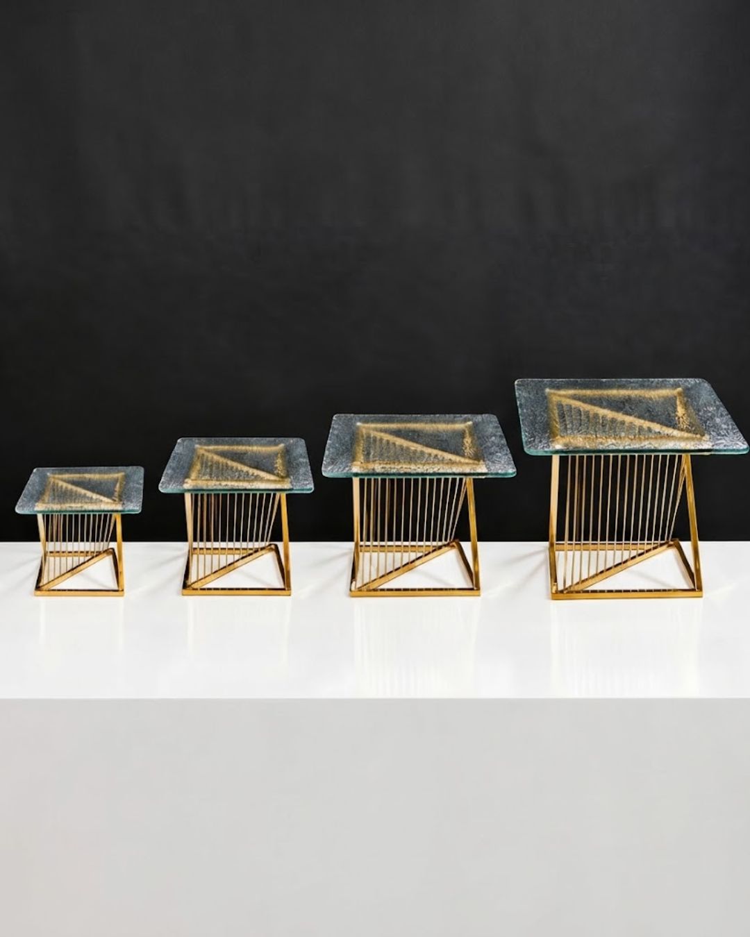 Gold Wire Twisted Buffet Riser, Geometric Metal Food Display Stand with Glass Top, Luxury Buffet Riser for Hotel Catering, Gold Spiral Wire Display Pedestal, High End Event Dessert Stand, Decorative Geometric Food Riser, Square Gold Buffet Stand XL Large Medium Small, Modern Wedding Catering Elevation Stand, Gold Metal Wire Display Riser, Luxury Tabletop Buffet Risers