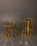 Gold Curved Round Buffet Riser, Metal Flared Food Display Stand with Glass Top, Luxury Round Buffet Riser for Hotel Catering, Gold Vertical Wire Display Pedestal, High End Event Dessert Stand, Decorative Hourglass Food Riser, Round Gold Buffet Stand Medium Large, Modern Wedding Catering Elevation Stand, Gold Metal Wire Cylinder Display Riser, Luxury Tabletop Buffet Risers