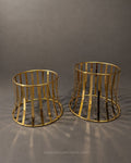 Gold Curved Round Buffet Riser, Metal Flared Food Display Stand with Glass Top, Luxury Round Buffet Riser for Hotel Catering, Gold Vertical Wire Display Pedestal, High End Event Dessert Stand, Decorative Hourglass Food Riser, Round Gold Buffet Stand Medium Large, Modern Wedding Catering Elevation Stand, Gold Metal Wire Cylinder Display Riser, Luxury Tabletop Buffet Risers