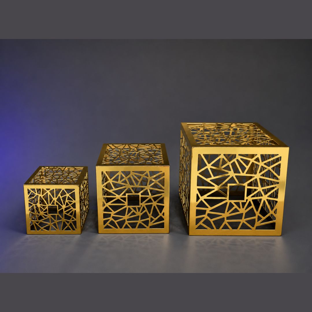 Modern Gold Geometric Cube Buffet Riser with Glass Top - Decorative Metal Food & Dessert Display Stand (Small, Medium, Large)