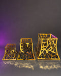 Gold Geometric Flared Buffet Riser, Metal Abstract Food Display Stand with Glass Top, Luxury Pyramid Buffet Riser for Hotel Catering, Gold Web Cutout Display Pedestal, High End Event Dessert Stand, Decorative Flared Food Riser, Abstract Gold Buffet Stand Small Medium Large, Modern Wedding Catering Elevation Stand, Gold Metal Geometric Display Riser, Luxury Tabletop Buffet Risers