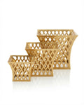 Gold Tapered Lattice Buffet Riser, Metal Food Display Stand with Glass Top, Luxury Flared Buffet Riser for Hotel Catering, Gold Diamond Cutout Display Pedestal, High End Event Dessert Stand, Decorative Tapered Food Riser, Flared Gold Buffet Stand Small Medium Large, Modern Wedding Catering Elevation Stand, Gold Metal Hourglass Display Riser, Luxury Tabletop Buffet Risers
