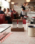 Stainless Steel Salt and Pepper Shaker Set, Wood and Metal Seasoning Set, Modern Square Spice Shaker Set, Commercial Hotel Tabletop Salt Pepper Shakers, Minimalist Catering Condiment Set, Stainless Steel Spice Shakers with Wooden Tray, Luxury Restaurant Tabletop Seasoning Set, Square Metal Salt and Pepper Shakers 3.5 Inch Base, Durable Wood and Stainless Steel Cruet Set, Decorative Dining Table Salt and Pepper Caddy