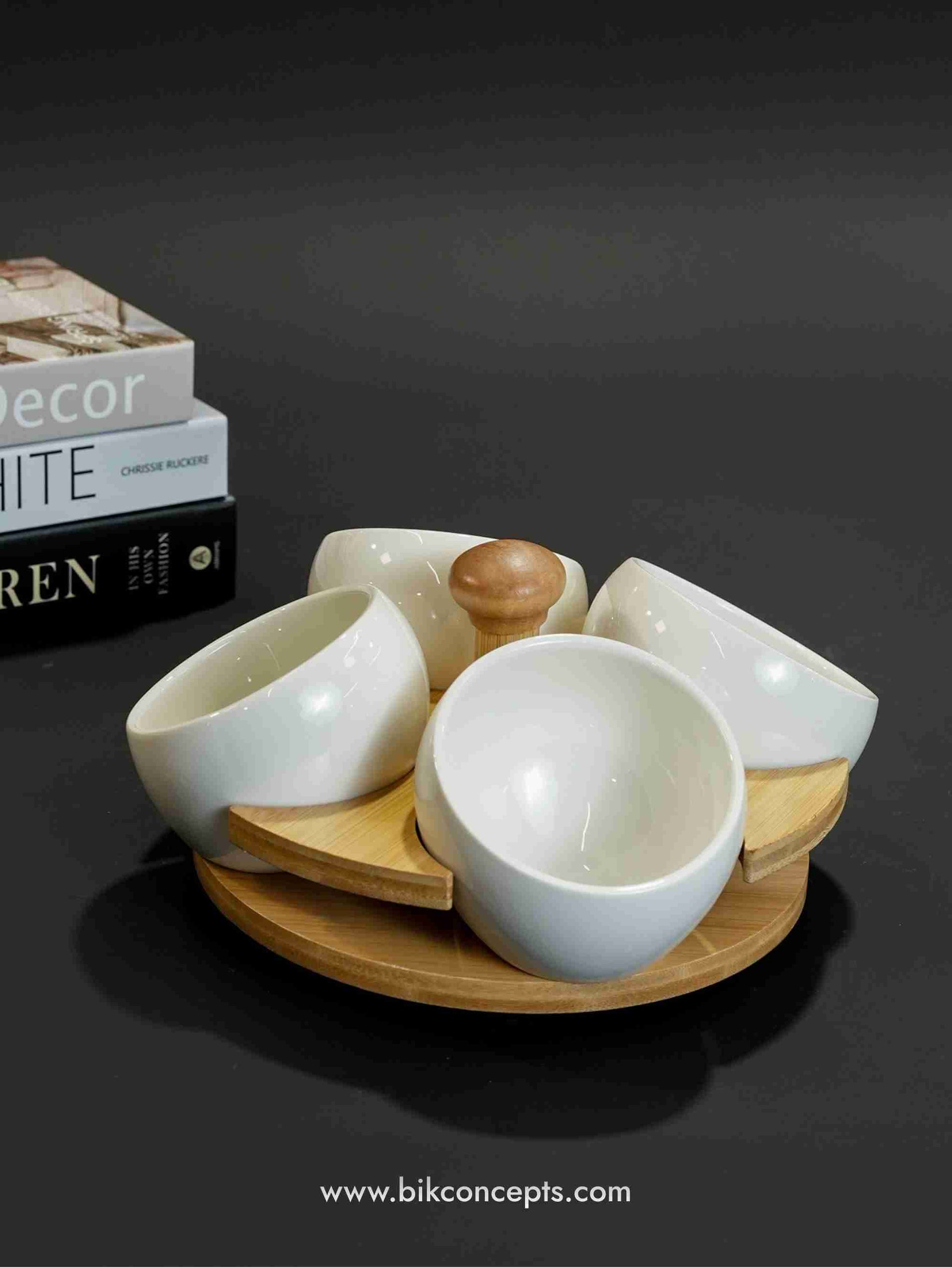 Orbital condiment set, bamboo serving tray, 3 piece ceramic dip set, round appetizer server, bamboo wood snack tray, modern Mezze set, circular dip bowl.