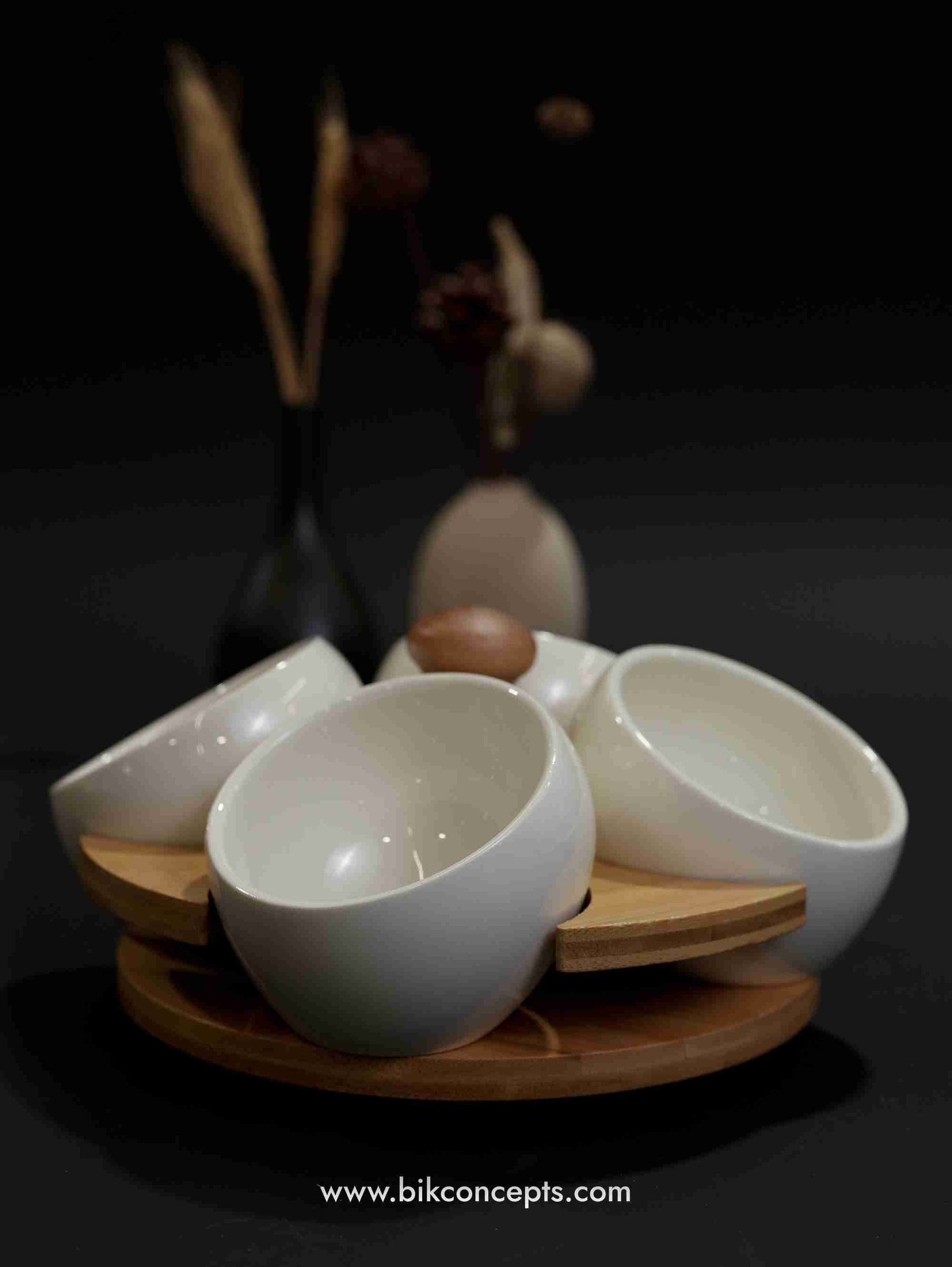 Orbital condiment set, bamboo serving tray, 3 piece ceramic dip set, round appetizer server, bamboo wood snack tray, modern Mezze set, circular dip bowl.