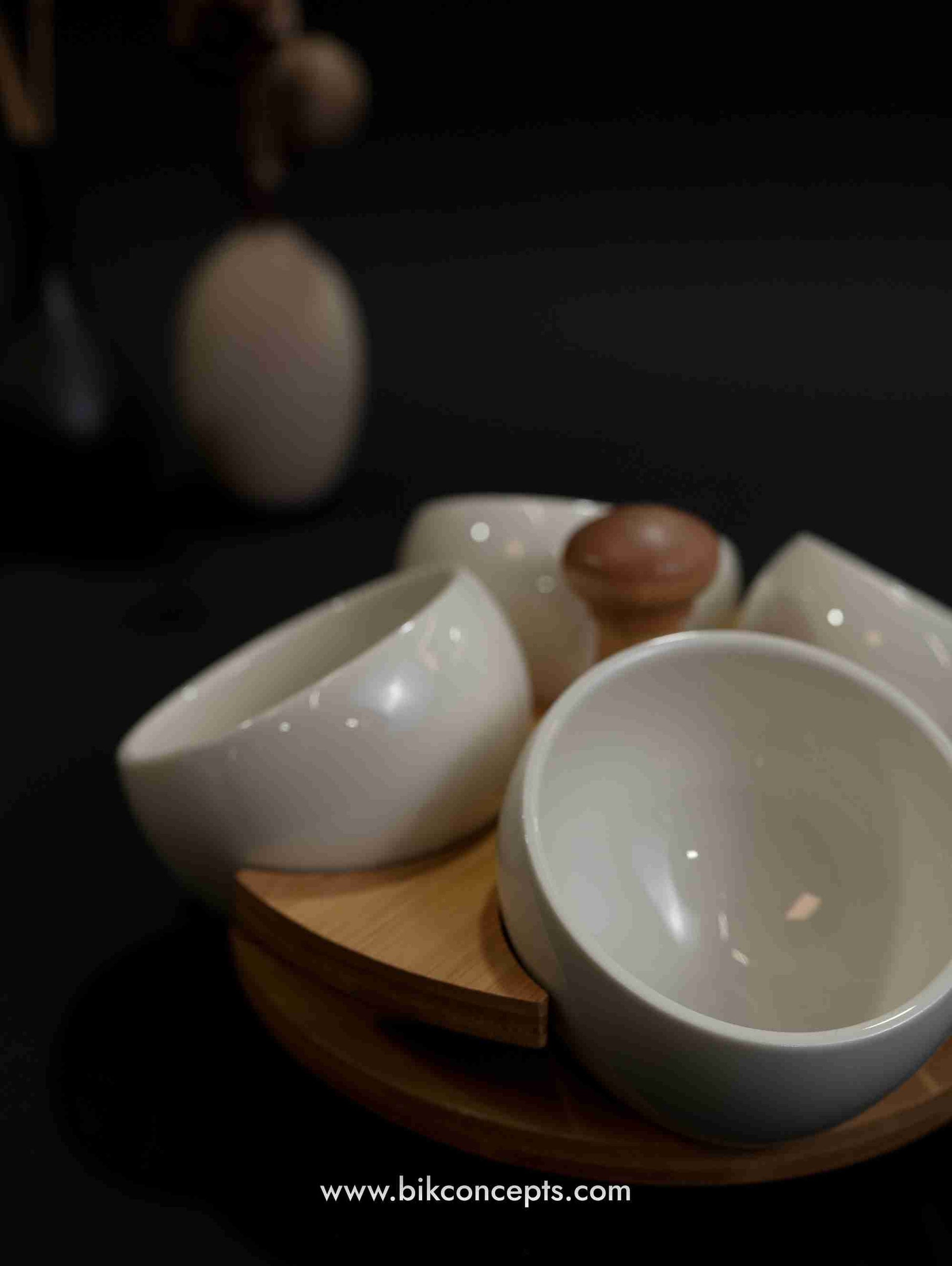 Orbital condiment set, bamboo serving tray, 3 piece ceramic dip set, round appetizer server, bamboo wood snack tray, modern Mezze set, circular dip bowl.