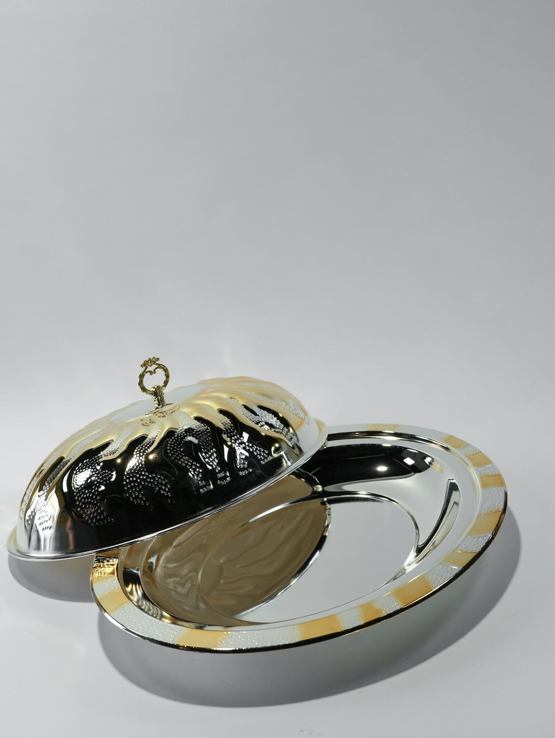 Oval Serving Dish with Dome Lid Two-Tone Silver & Gold | Luxury Covered Platter