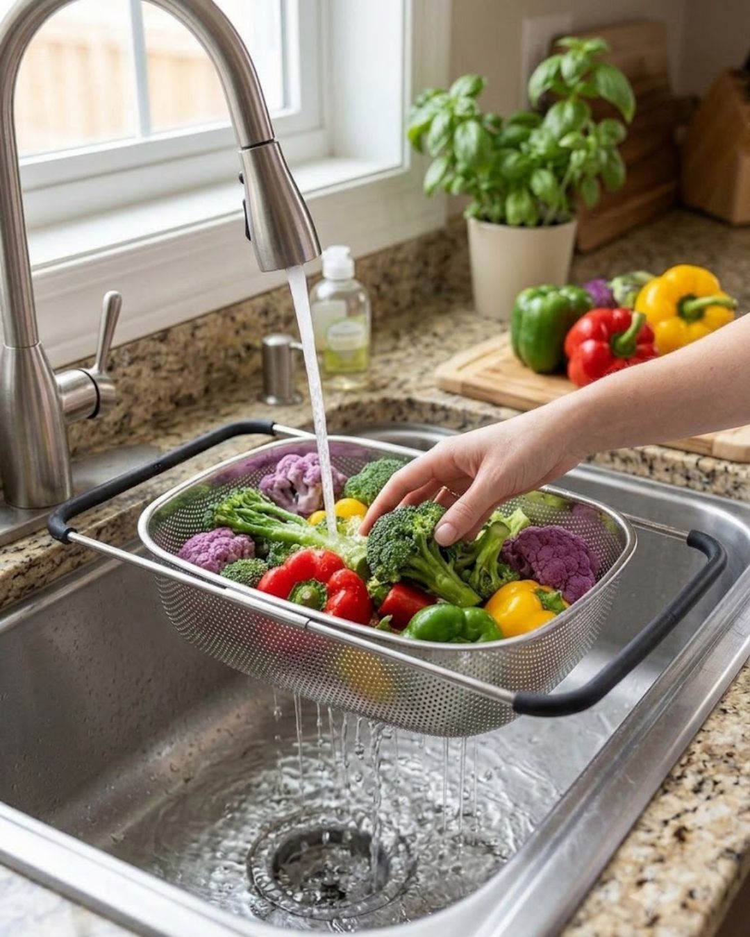 expandable sink strainer, colander, expandable, adjustable handles, kitchen sink organizer, vegetable washing basket