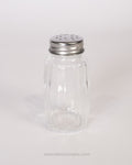 A clear glass shaker bottle with a ribbed body and a silver metal screw-top lid with a perforated top, Commercial Paneled Glass Salt Shakers 12 Pack, Stainless Steel Top Glass Salt Dispenser, 3 Inch Traditional Restaurant Salt Shaker, Hotel Table Condiment Shaker Set, Catering Service Glass Pepper Shakers, Bulk Clear Glass Seasoning Dispensers