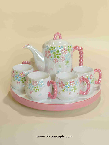 Pastel Pink Porcelain Tea Set – Porcelain 8-Piece Set with Serving Tray