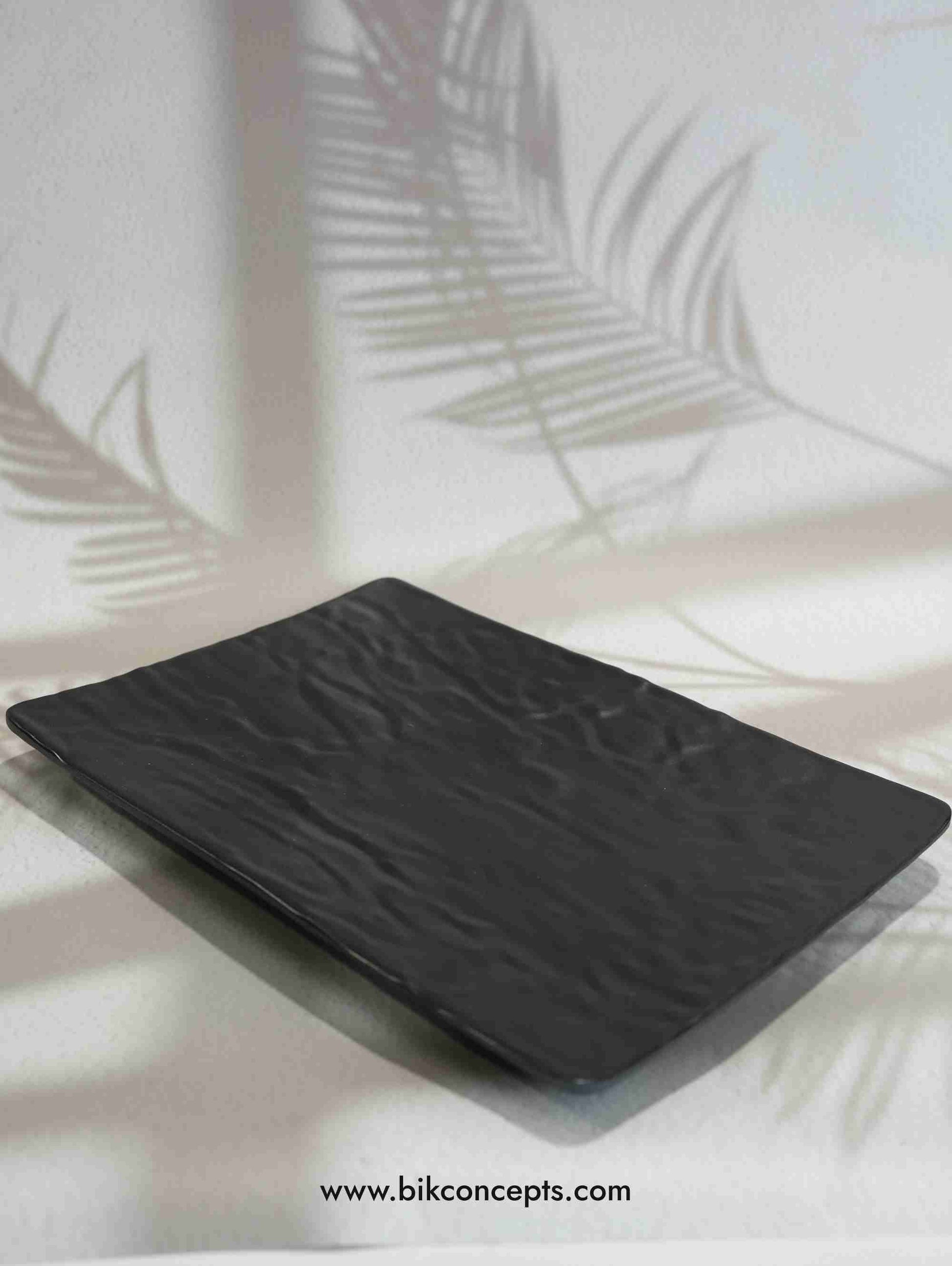 onyx melamine platter, black serving tray, shatterproof food platter, unbreakable appetizer tray, matte black dinnerware, melamine rectangular server