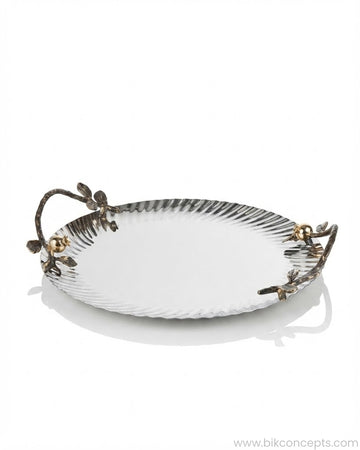 An oval silver serving tray with a ribbed textured rim and decorative branch handles featuring gold-toned floral accents, 12 Inch Stainless Steel Serving Tray, Luxury Pomegranate Tray with Handles, High End Botanical Platter, Metal Serving Tray for Catering, Fluted Silver Cocktail Tray, A Plus Catering Food Presentation USA, Designer Vanity Display Tray, Antique Gold and Silver Serving Tray, Luxury Wedding Cateringware, Decorative Round Metal Platter