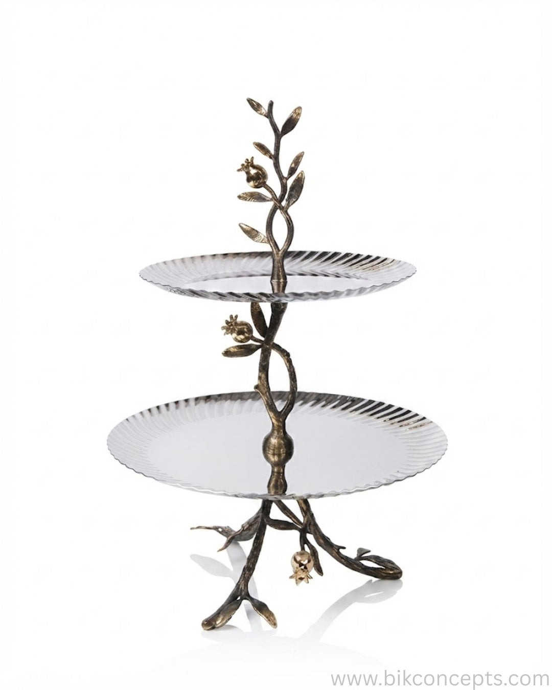 2 Tier Stainless Steel Platter, Luxury Pomegranate Serving Tray, High End Tiered Dessert Stand, Botanical Metal Server for Catering, Fluted Silver Tiered Platter, A Plus Catering Food Risers USA, 17 Inch Tiered Hors D'oeuvres Stand, Luxury Charcuterie Tower, Designer Tabletop Servingware, Antique Gold and Silver Serving Tray