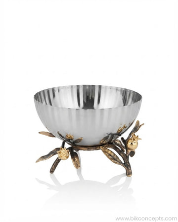A decorative metal bowl with a polished silver-toned interior and a sculptural branch-and-fruit base in antique gold and dark bronze tones, shown on a clean white background with a faint reflection below, 7.8 Inch Stainless Steel Serving Bowl, Luxury Pomegranate Centerpiece Bowl, High End Pedestal Salad Bowl, Botanical Metal Bowl for Catering, Fluted Silver Serving Dish, A Plus Catering Food Presentation USA, Designer Tabletop Centerpiece Bowl, Antique Gold and Silver Fruit Bowl, Luxury Wedding Buffetware, 